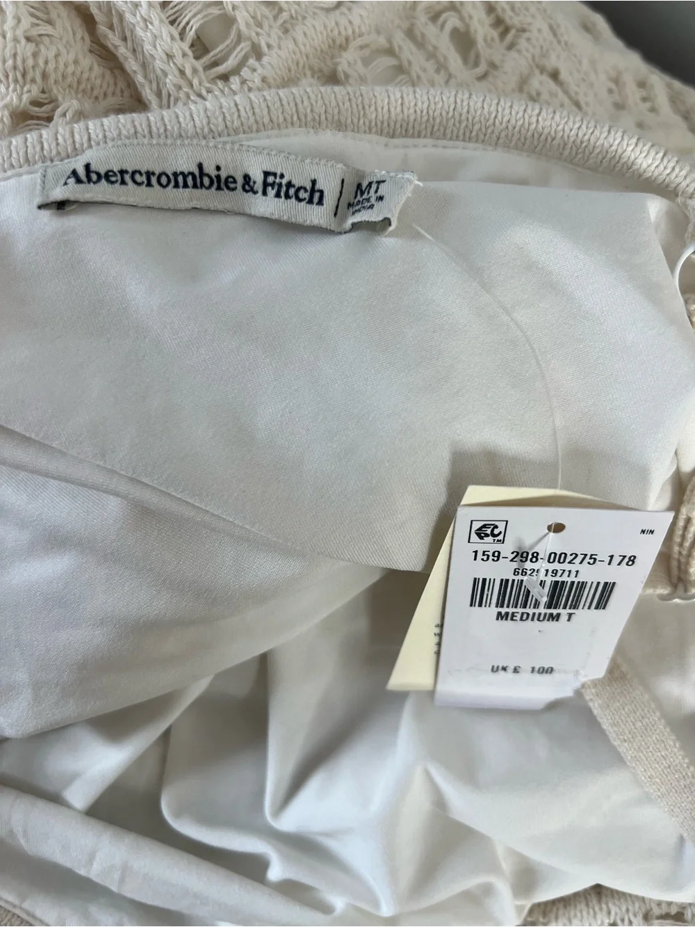 NWT Abercrombie & Fitch Ivory Crochet Knit Cotton Lined Maxi Dress Boho M Tall